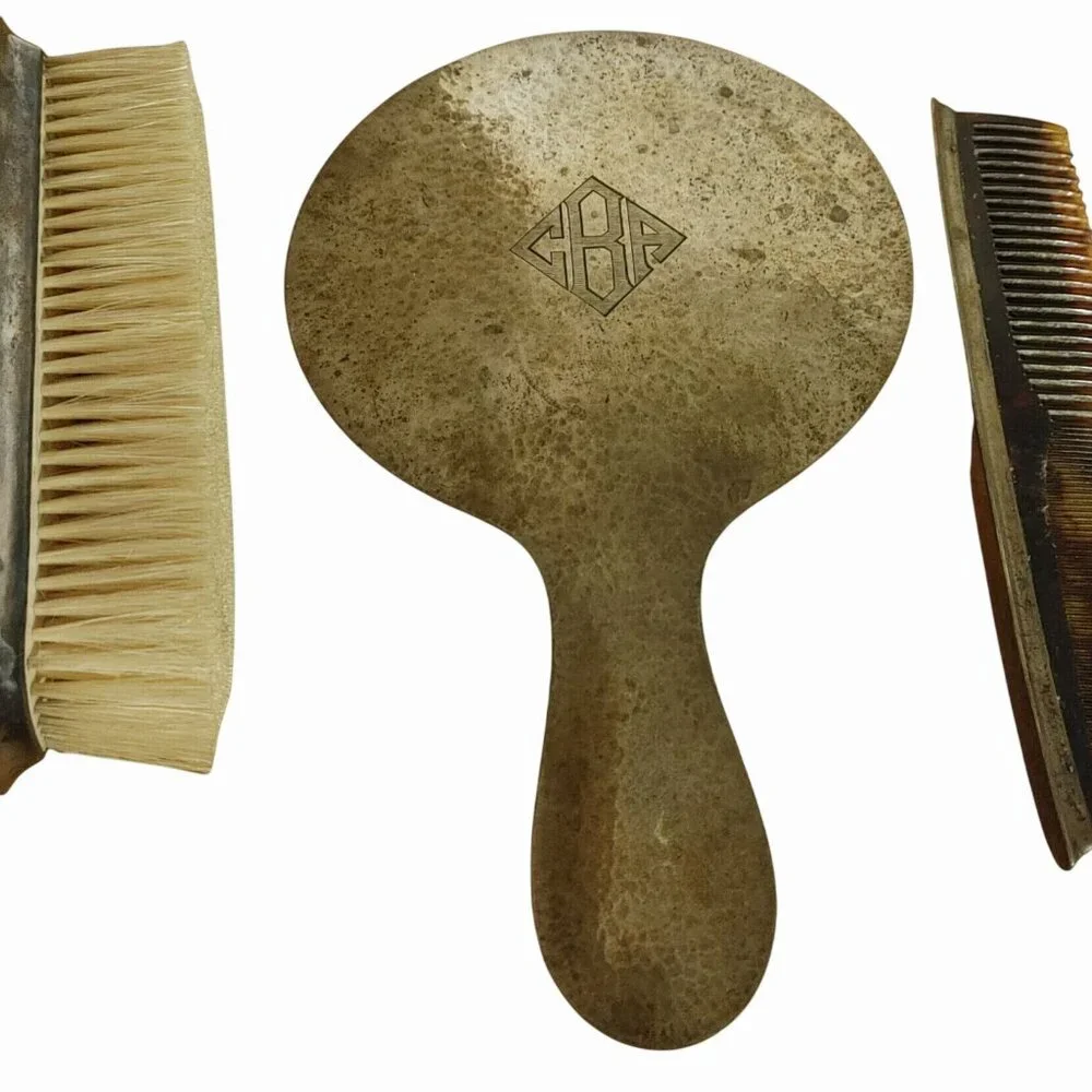 Lebolt 925 Sterling Antique Arts Crafts Hammered Silver Vanity Set Mirror Brush